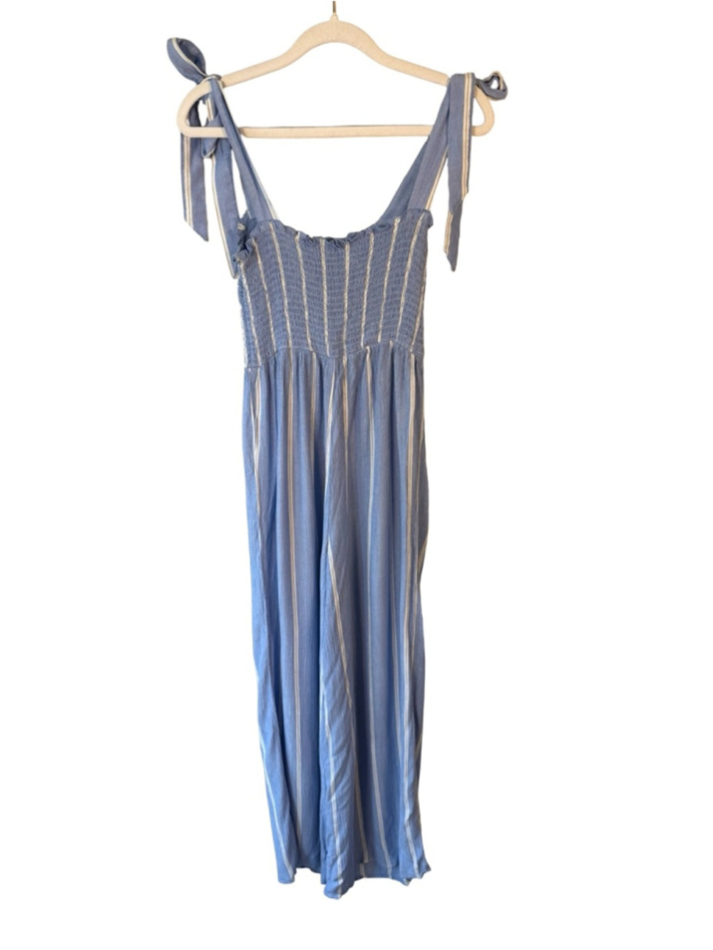 H&M Light Blue & White Striped Tie-Shoulder Jumpsuit Size 4 Coastal Cottagecore - Picture 3 of 11